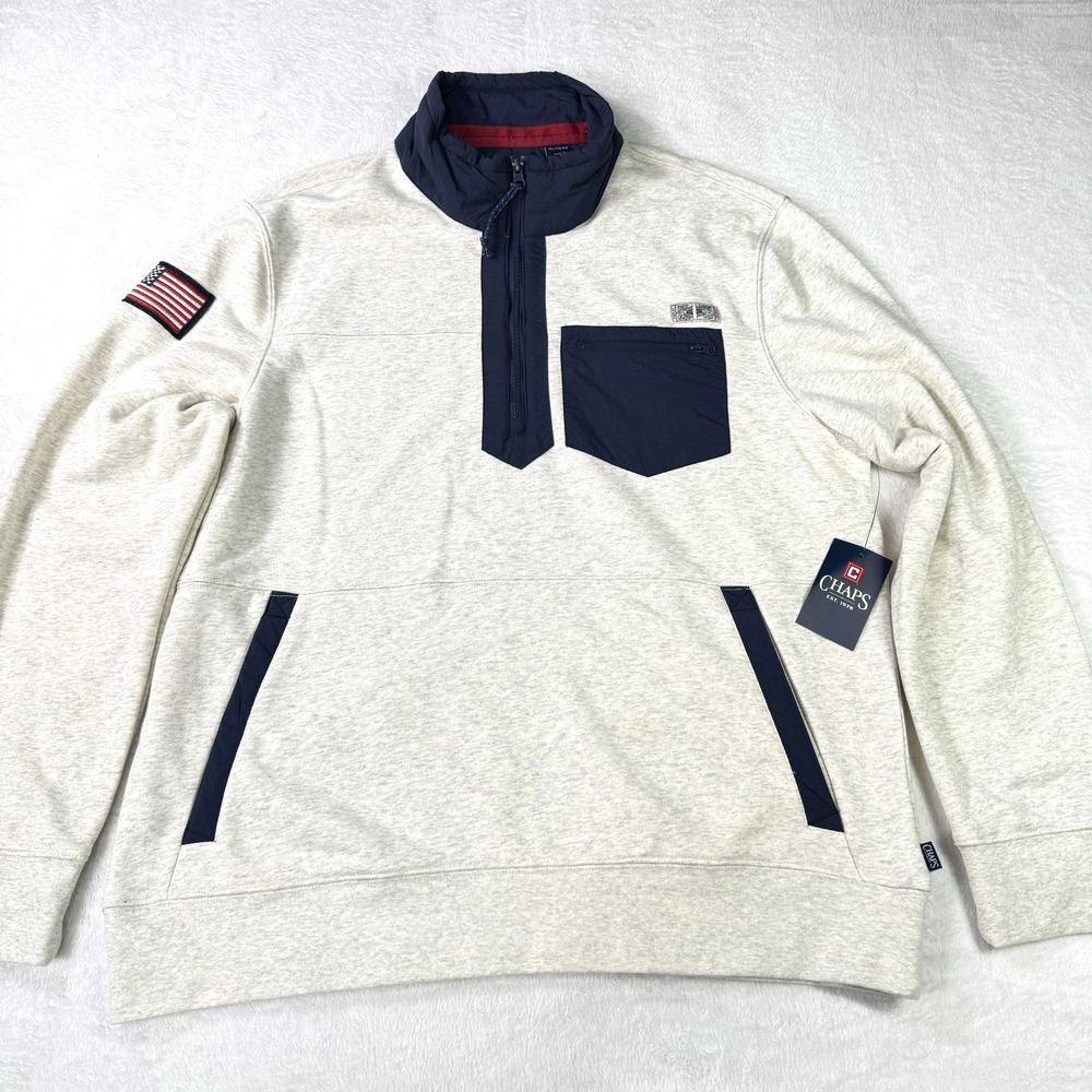 Chaps Sweatshirt Mens XL Oatmeal Quilted Quarter Zip French Terry USA Patch NWT